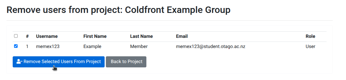 Select the user(s) to be removed, and click "Remove Selected Users From Project".