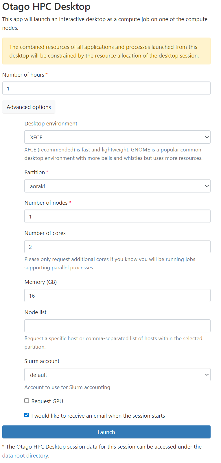 HPC Desktop Launch Settings